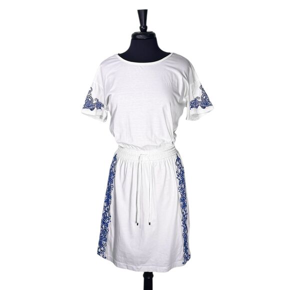 Ralph Lauren Women's Dress White Blue Embroidered Elastic Waist Beach Summer S - Picture 1 of 10